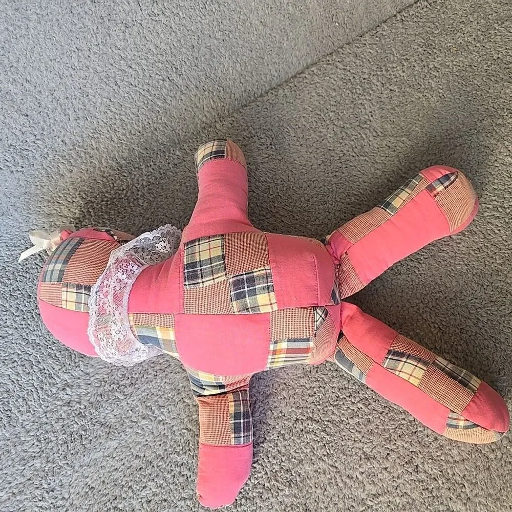 Quilted Stuffed Teddy Bear Pink pillow Kitsch Cottage Handmade 19